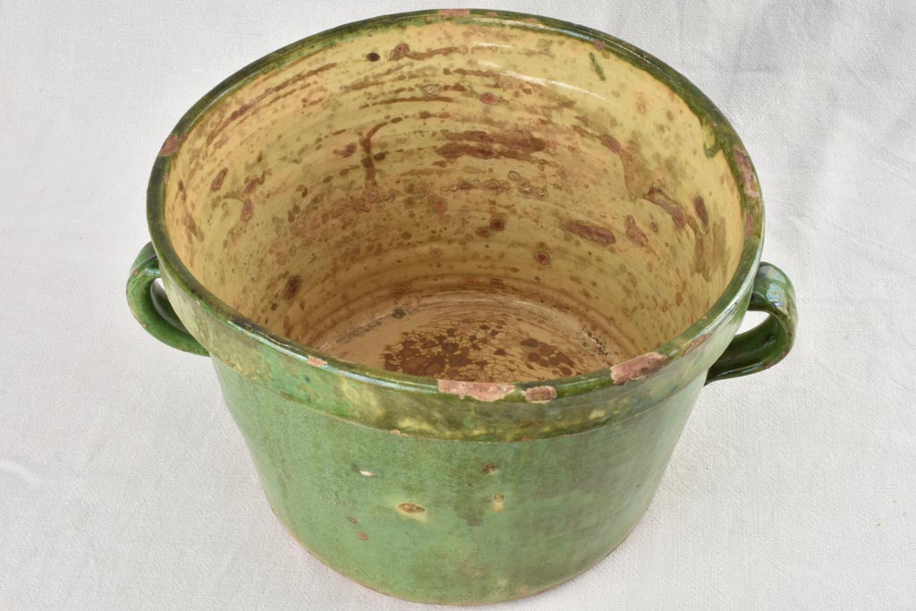 Green & yellow cache-pot / fish pot with 2 handles