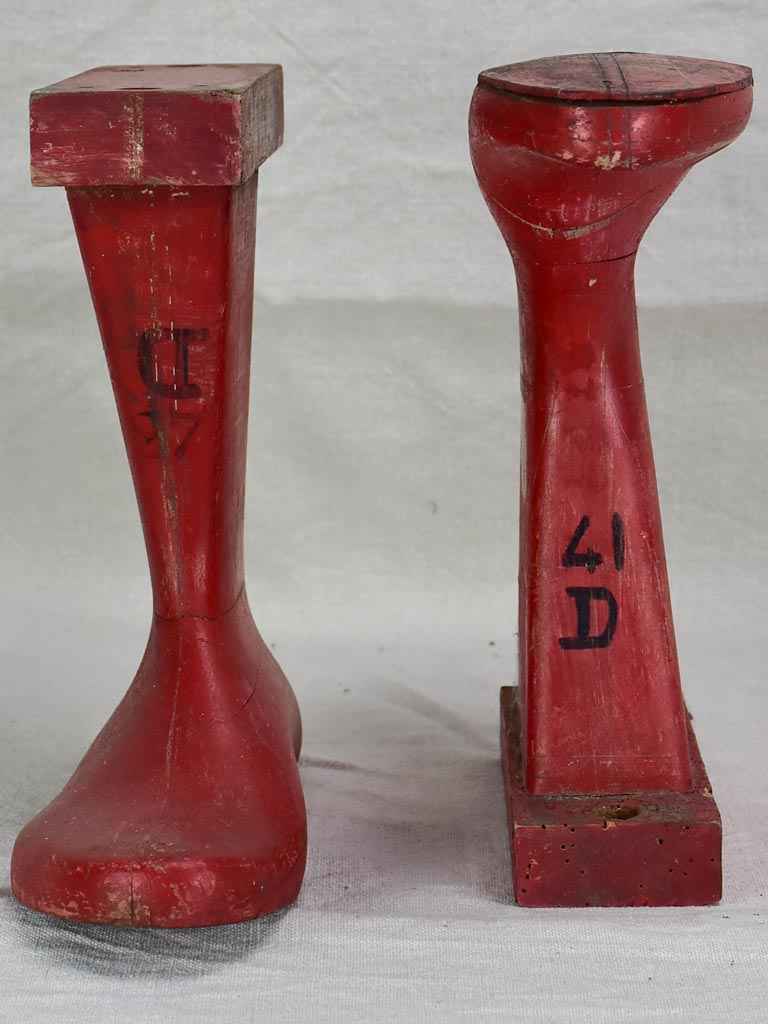 Antique French wooden boot molds - red