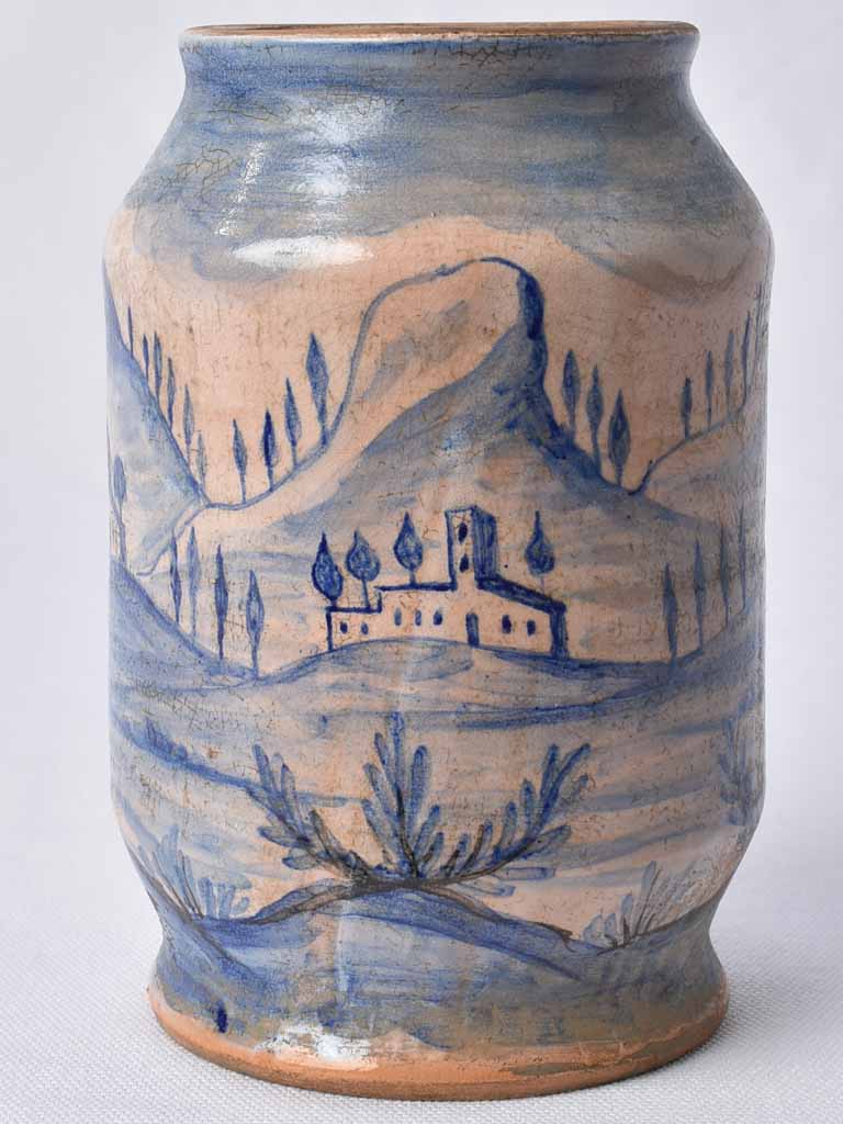 Blue and yellow countryside scene jar