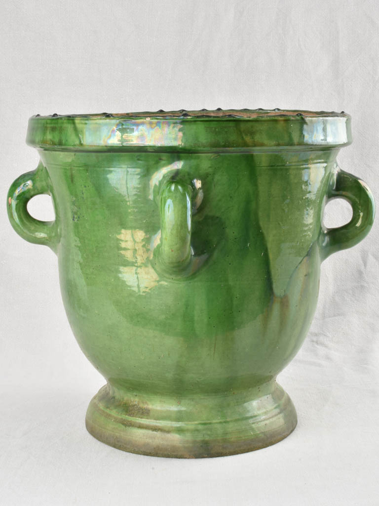 Antique French citrus planter with 4 handles & green glaze Castelnaudary 17¼"