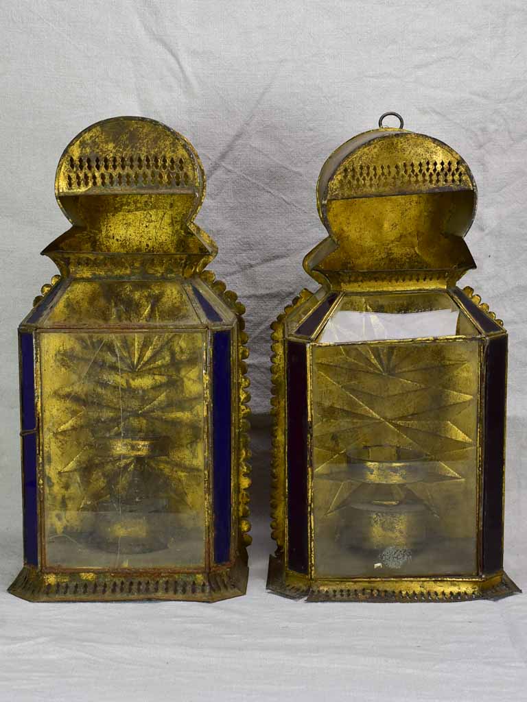 Two antique gold, red and blue wall lanterns 18½