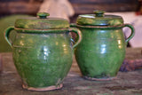 Pair of green glazed French preserving jars with lids
