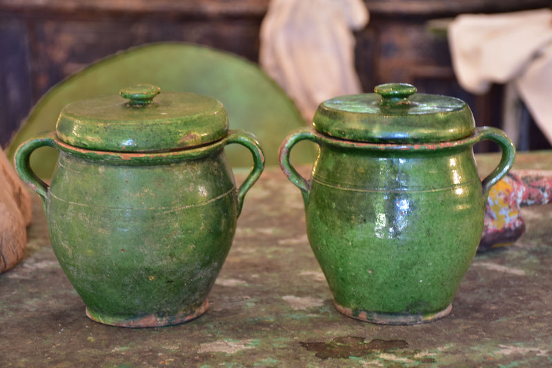 Pair of green glazed French preserving jars with lids