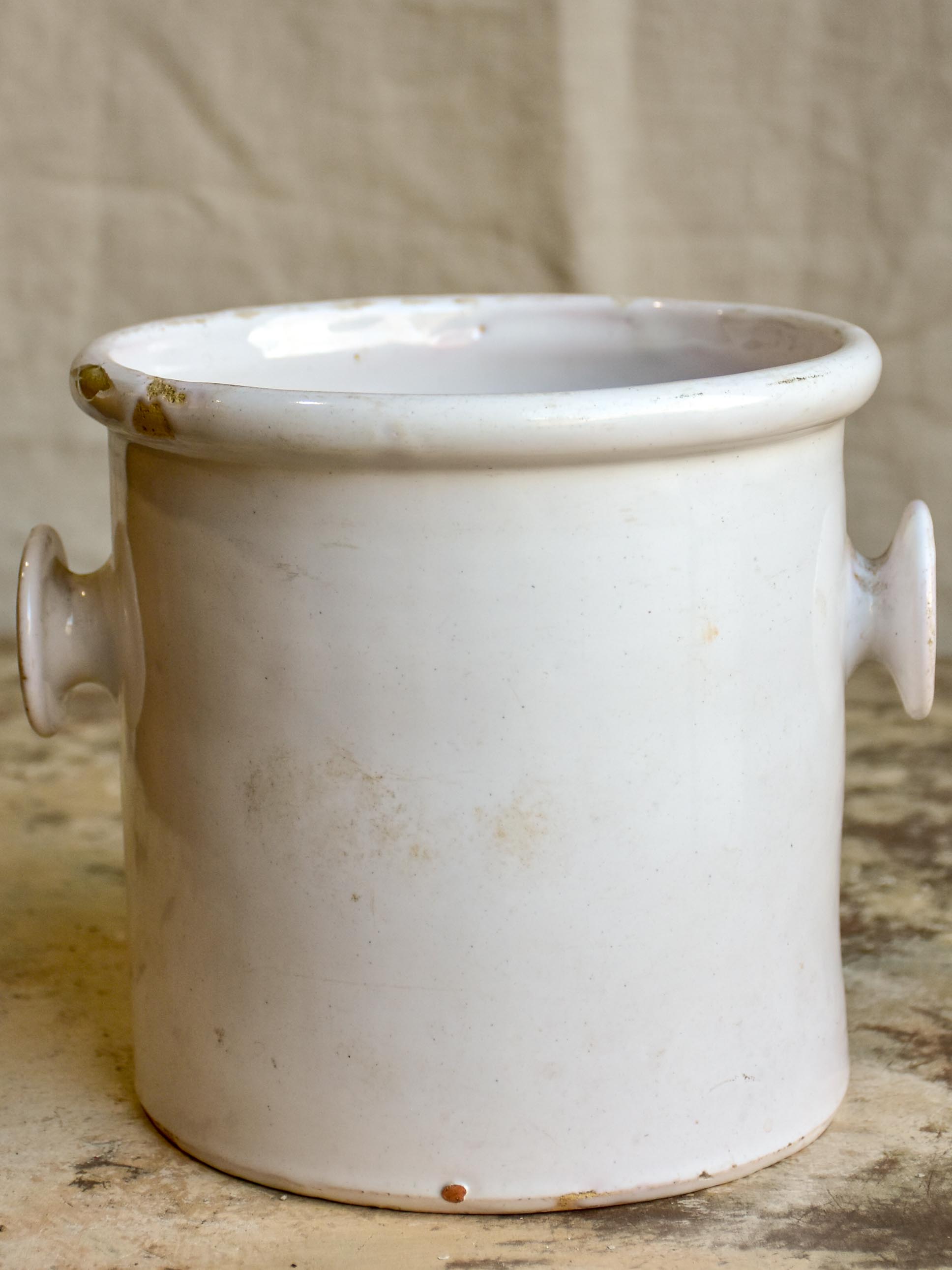 Antique French preserving pot with two handles and white glaze