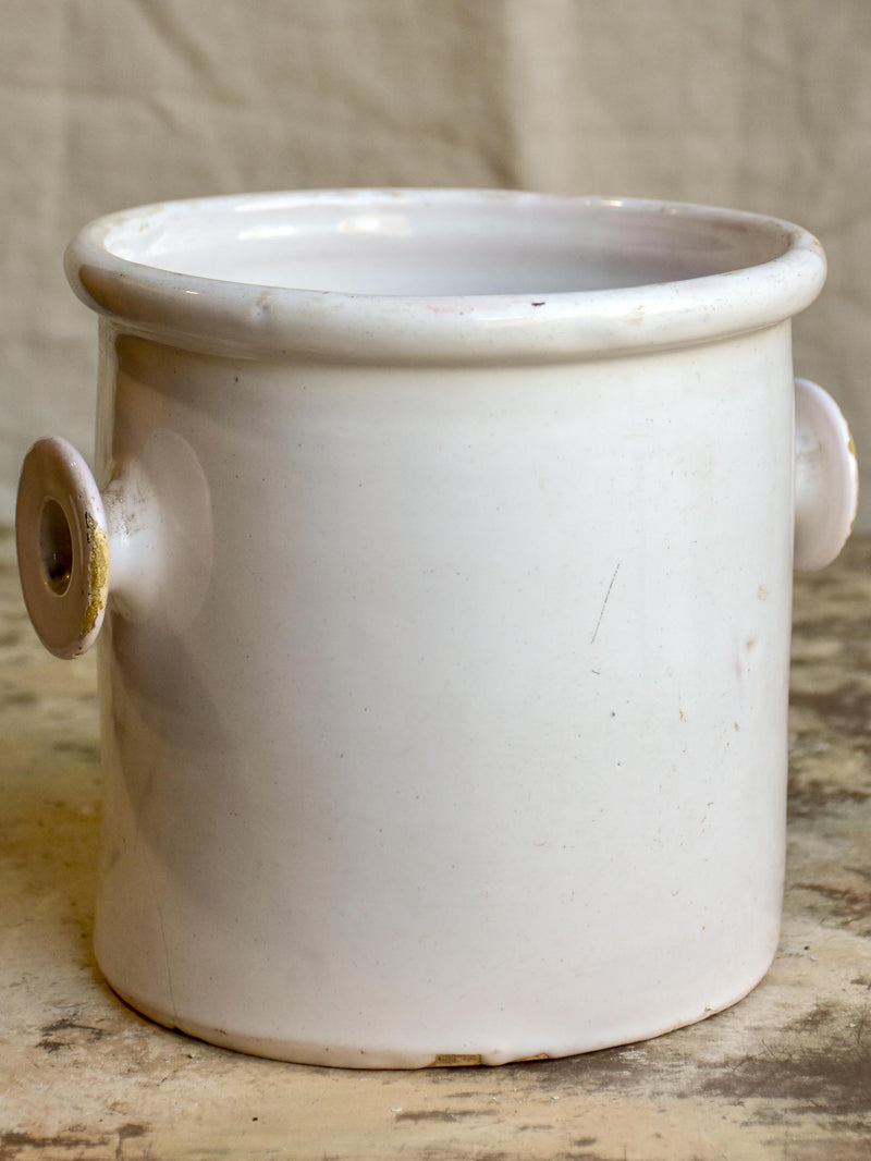 Antique French preserving pot with two handles and white glaze