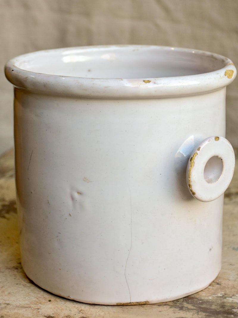 Antique French preserving pot with two handles and white glaze