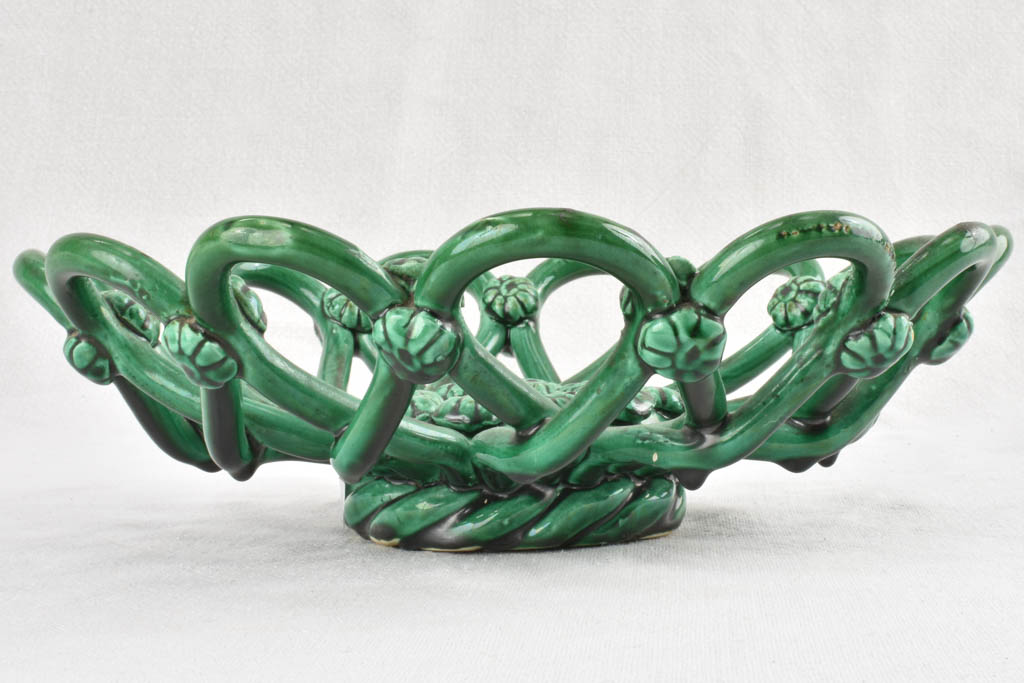 1950s woven ceramic bowl with green glaze Pichon Uzes 11½"