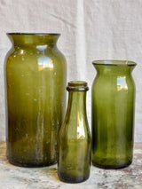 Three gueulard green French antique preserving bottles