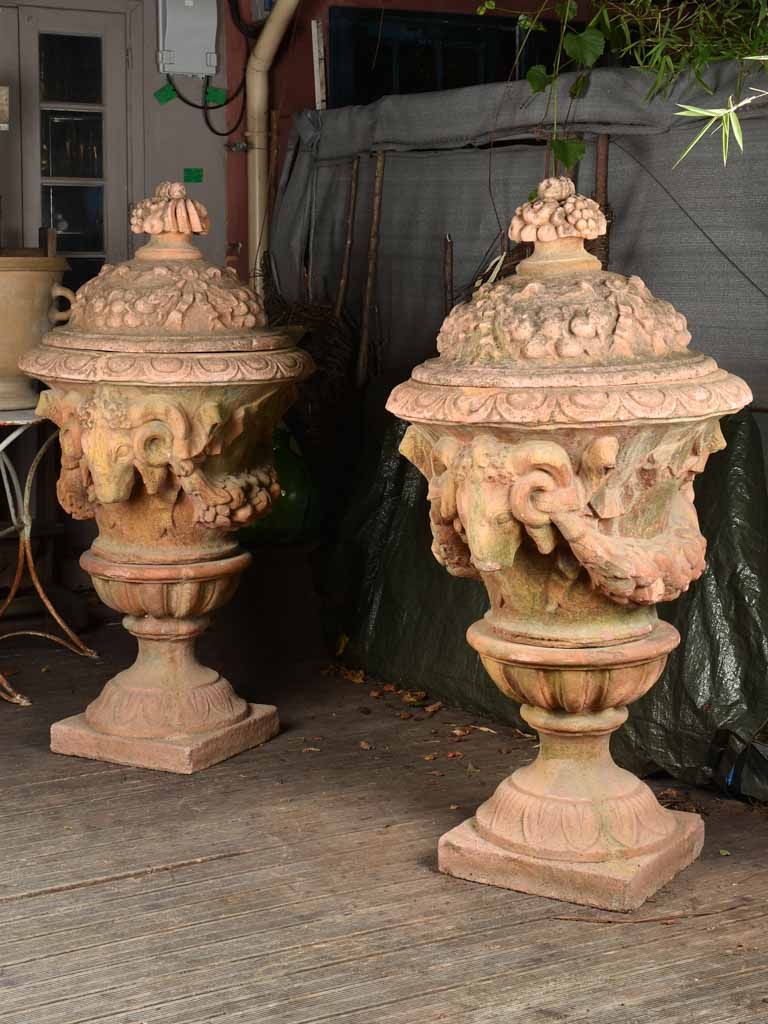 Extra-Large Pair Of Medici Urns w/ ram's heads 56"