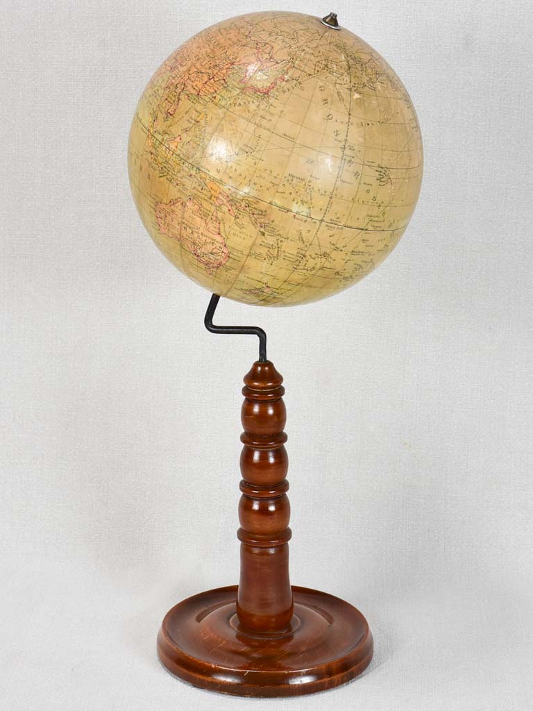 Early 20th-century spinning world globe on wooden stand 20"