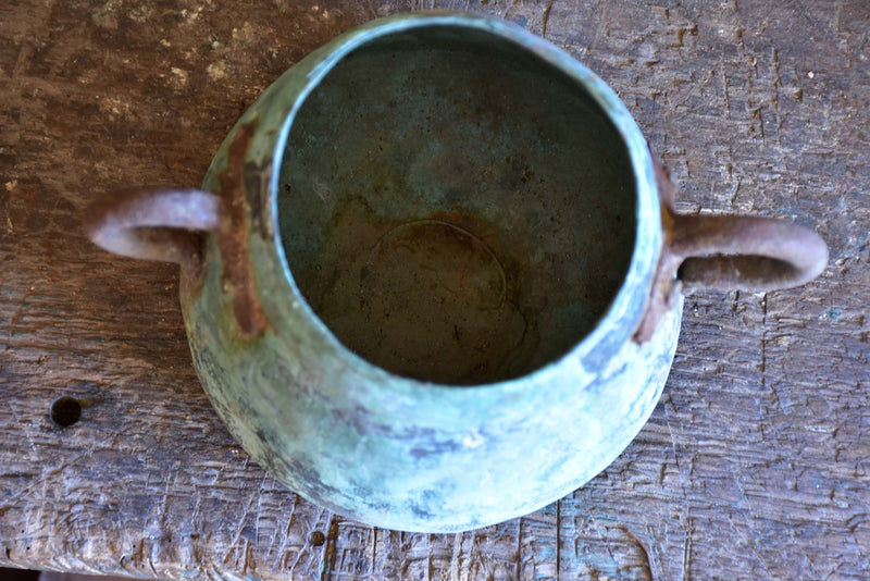 Antique French copper saucepan with blue patina - small