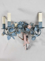 Vintage artisan-made wall sconces - blue and pink tole foliage