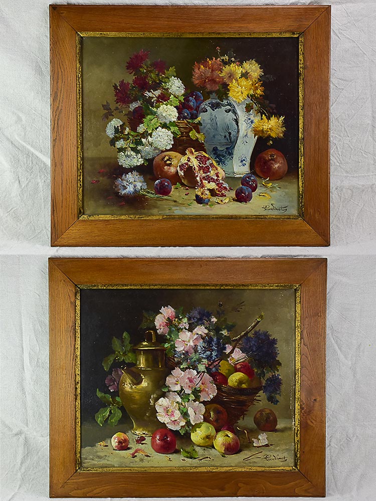 Pair of large antique French still life paintings - oil on canvas 32" x 28"