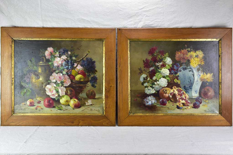 Pair of large antique French still life paintings - oil on canvas 32" x 28"