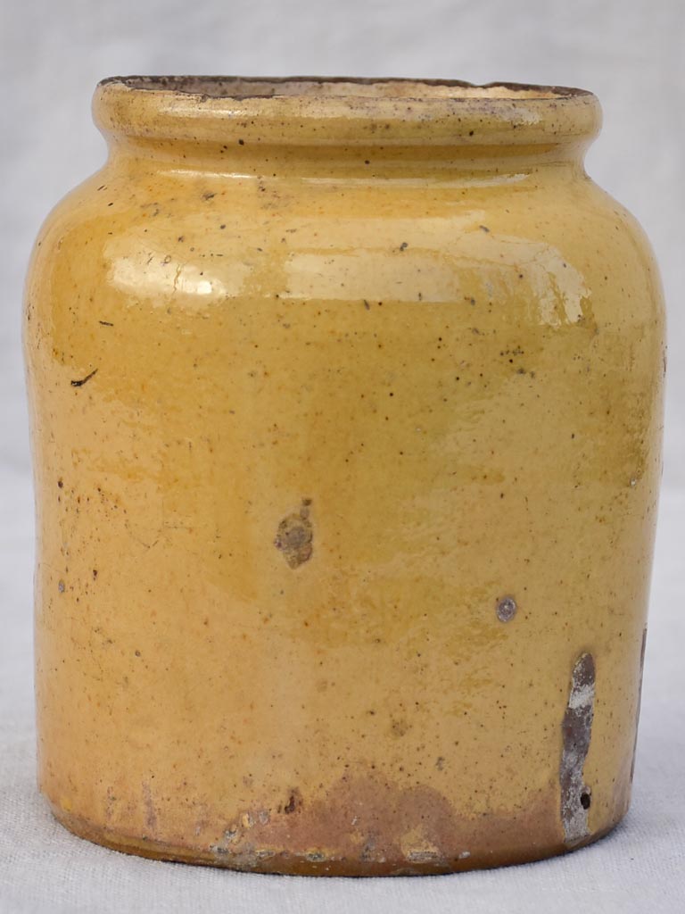 Antique French honey / preserving pot with yellow glaze 6¾"