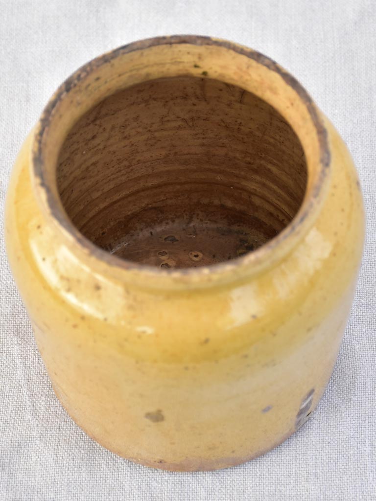 Antique French honey / preserving pot with yellow glaze 6¾"
