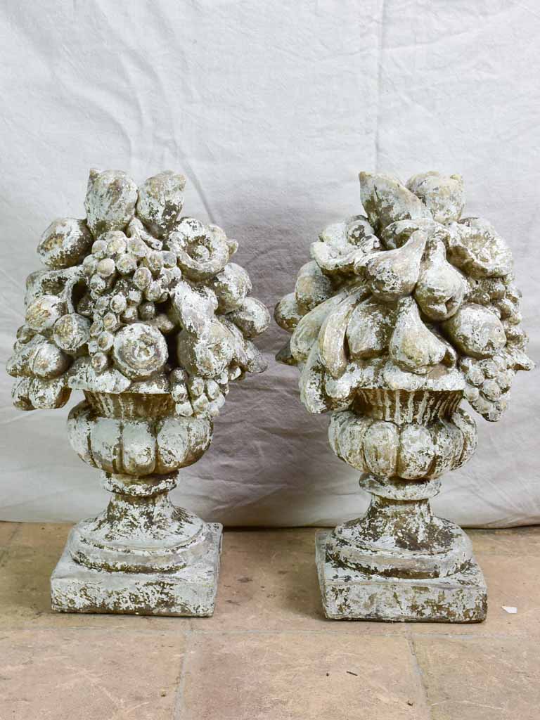 Pair of large vintage fruit basket finials with beige patina (18th Century style) 24"