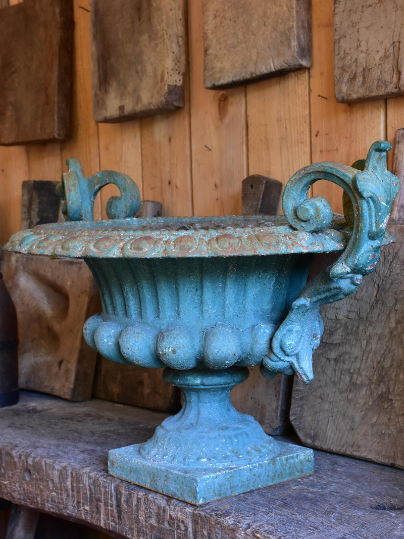 Late 19th century Chambord garden urn with green patina and decorative handles