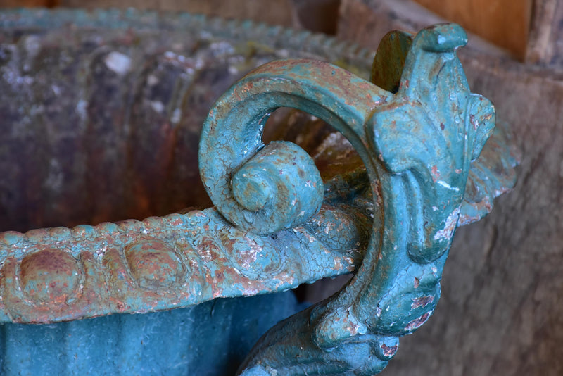 Late 19th century Chambord garden urn with green patina and decorative handles