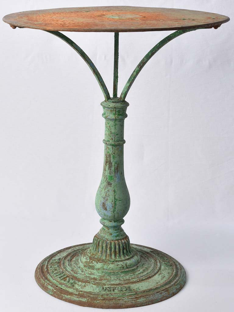 Antique French bistro table with green patina