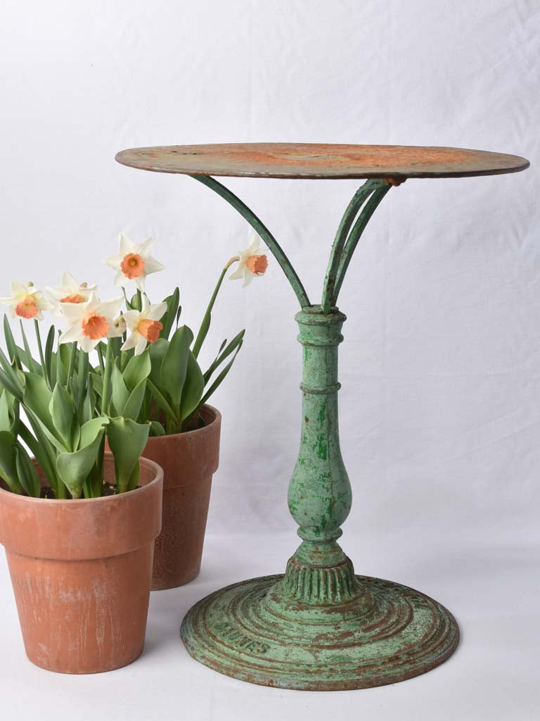Antique French bistro table with green patina