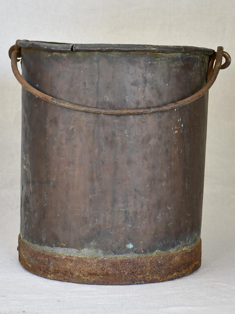 19th Century French copper winemaker's bucket with folded edge and burnt patina 13"