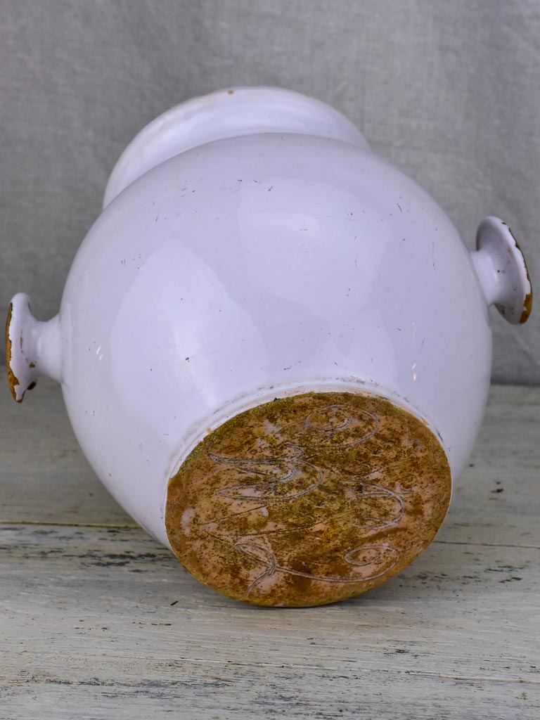 Antique French mustard pot with two handles - white
