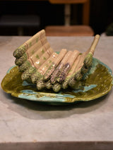 French Faience Barbotine Majolica asparagus cradle, plate and asparagus