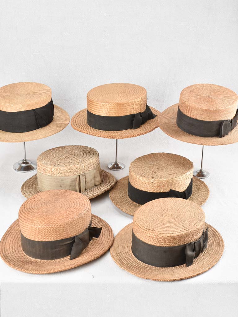 Collection of 7 early 20th century French boater hats mens Chez Pluie