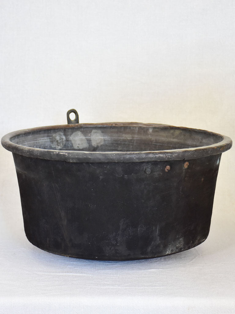 19th Century French copper cauldron with timeworn black patina 22½"