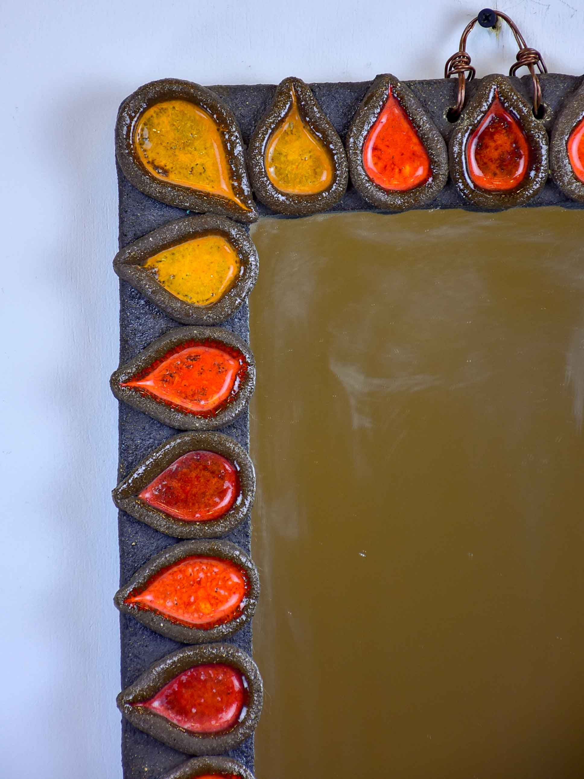 1960's Mid-Century flame mirror with fireclay frame 13” x 23 ½''