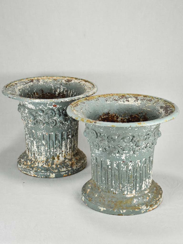 Pair of 18th-century cast iron garden urns 13"