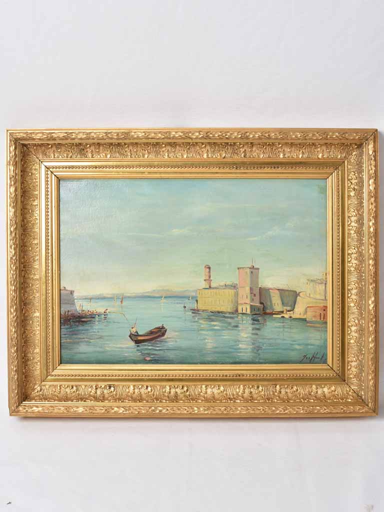 Vintage Marseille Port oil-on-canvas painting