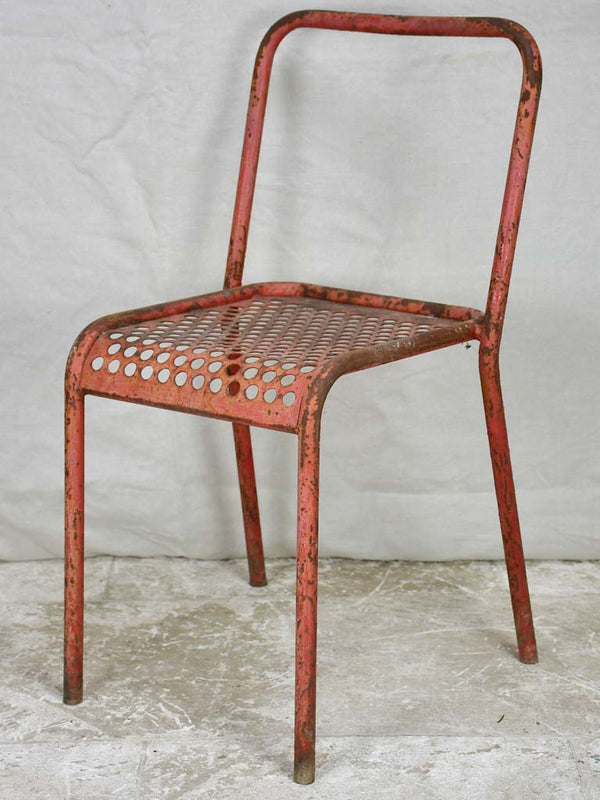 6 red outdoor garden chairs - Malaval, France, 1950s perforated metal