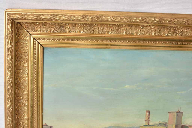 Rustic, worn-framed painting of Marseille