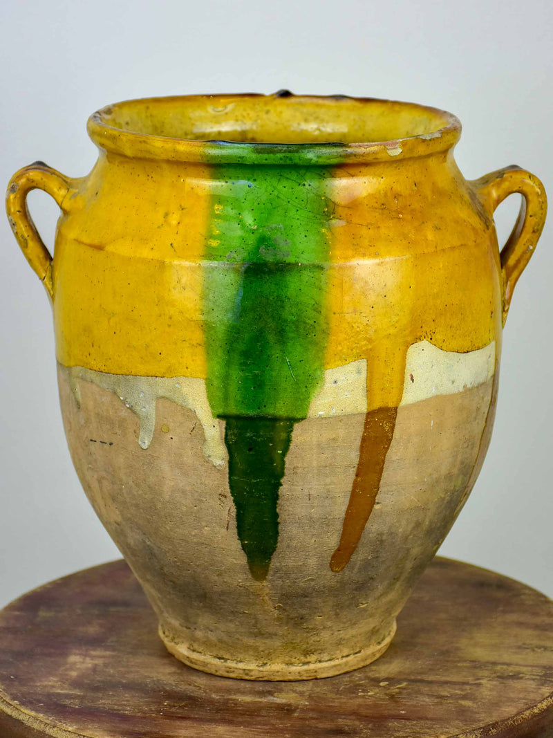 Antique French confit pot with orange and green glaze - 11 ½''