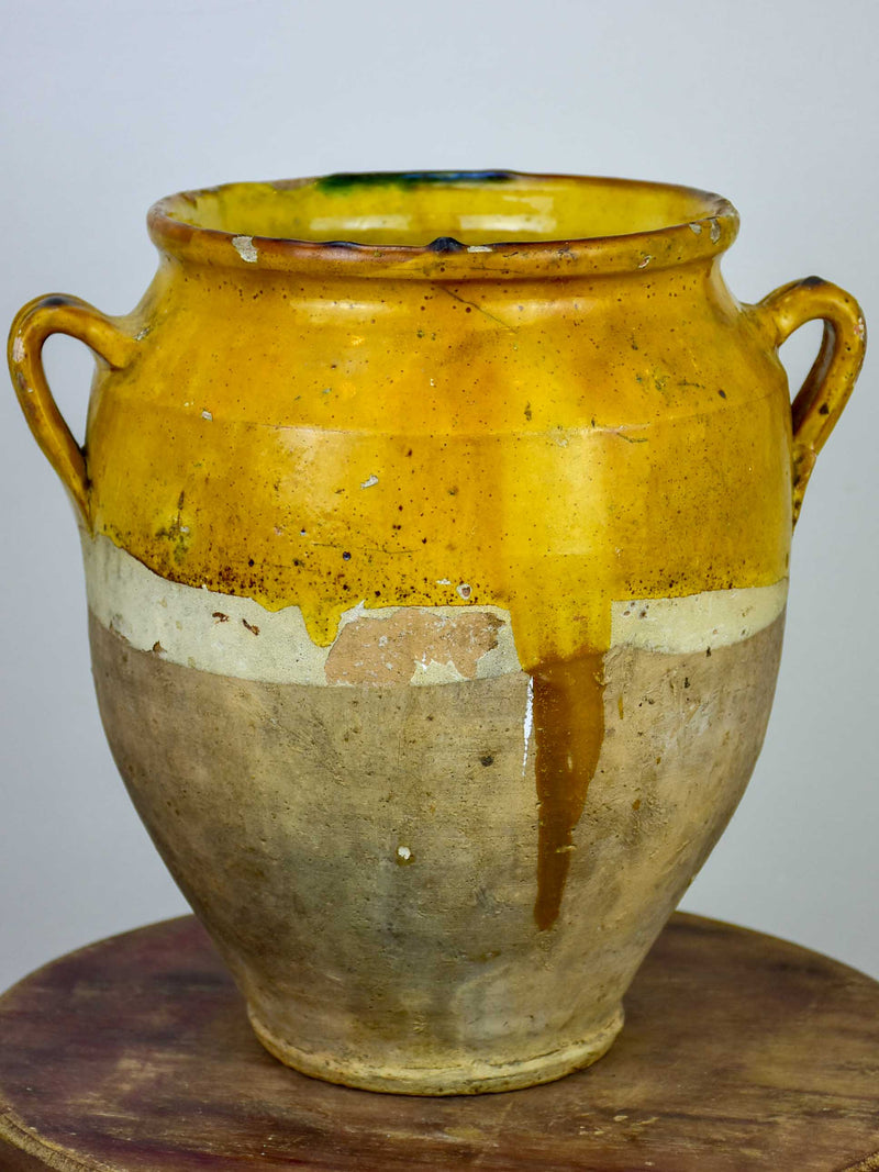 Antique French confit pot with orange and green glaze - 11 ½''