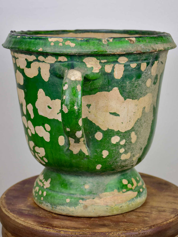 Antique French garden planter with aged green glaze - 11 ½''