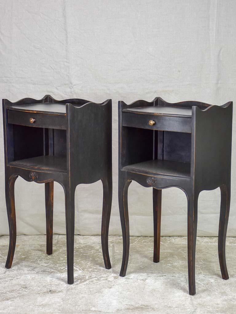 Pair of vintage Louis XV style French nightstands with black paint finish