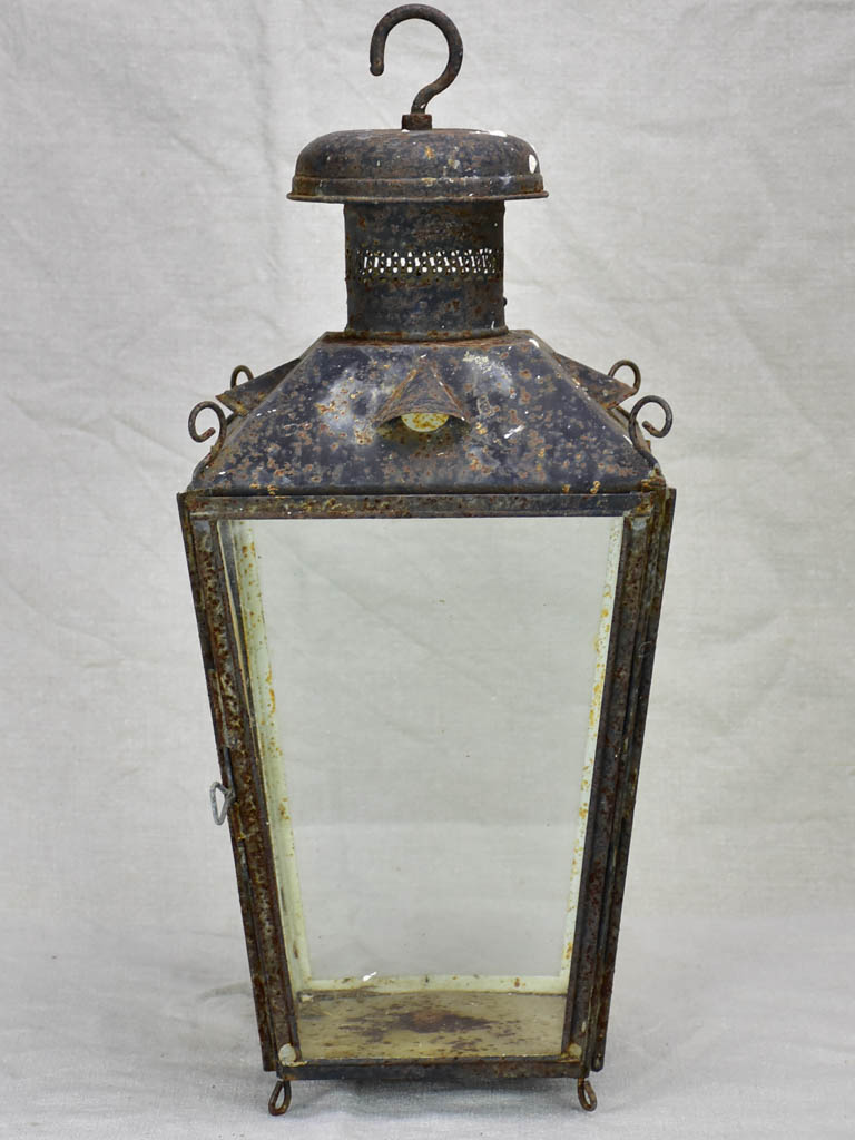 19th Century French lantern with black patina with pretty chimney top 22"