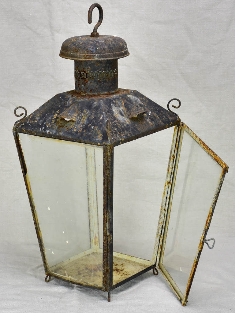 19th Century French lantern with black patina with pretty chimney top 22"