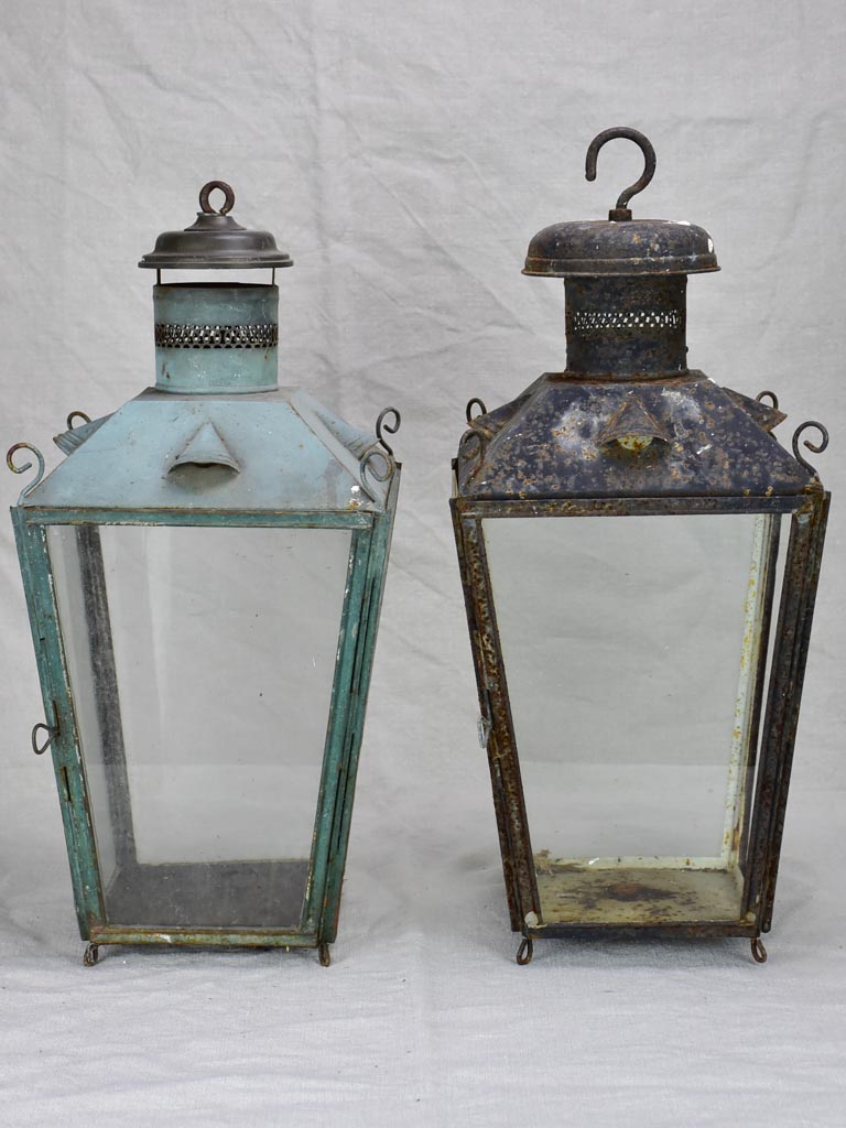 19th Century French lantern with black patina with pretty chimney top 22"
