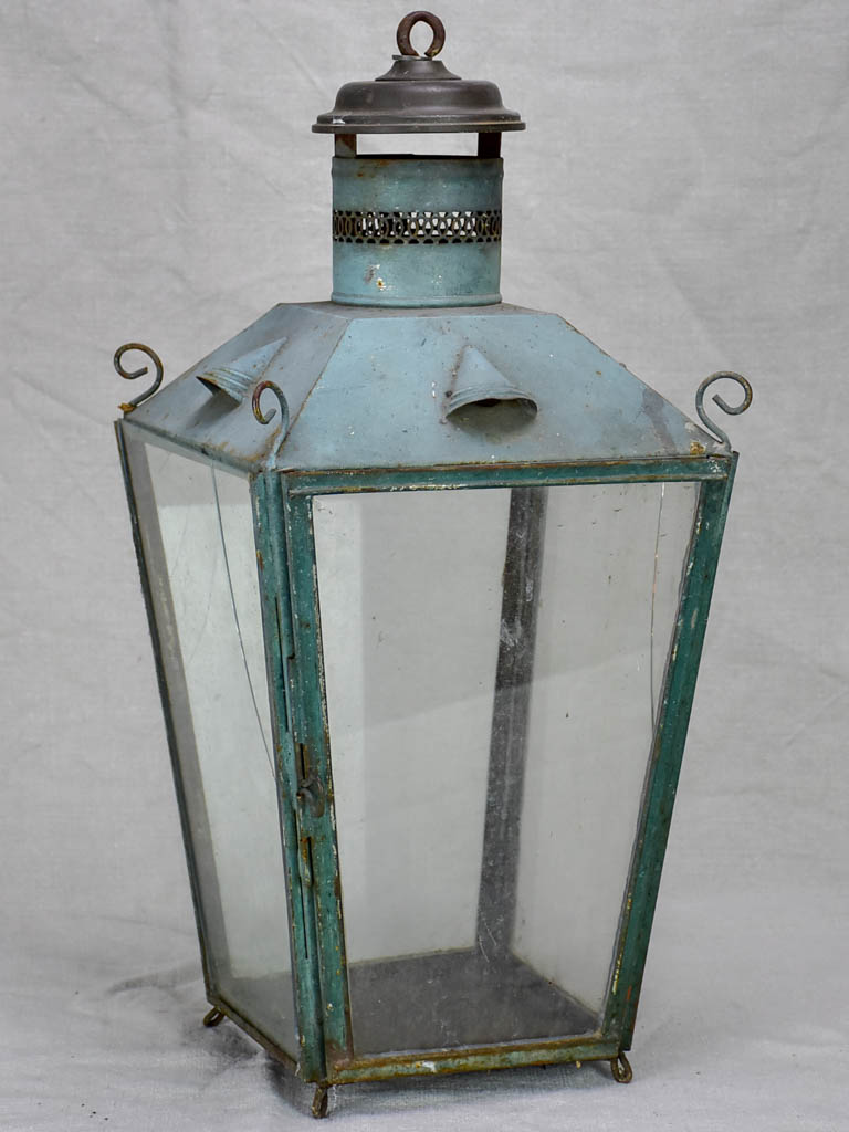 19th Century French lantern with blue / gray patina with pretty chimney 20½"