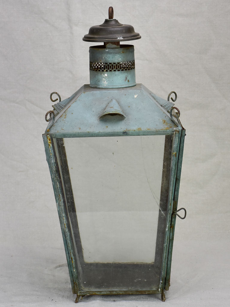 19th Century French lantern with blue / gray patina with pretty chimney 20½"