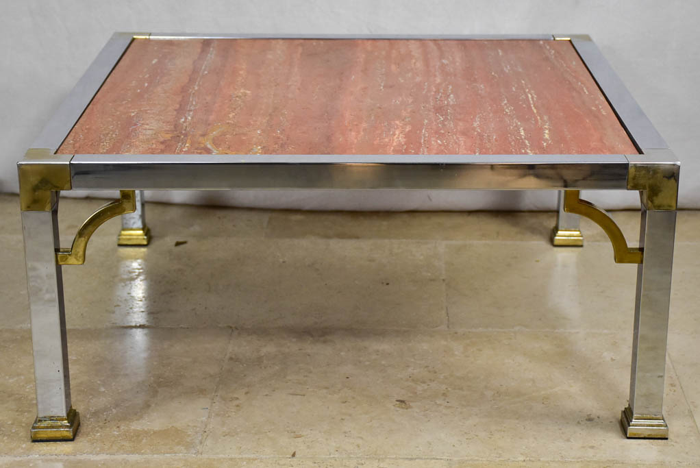 Red travertine Italian coffee table with chrome frame - 1970's/80's 30¼"