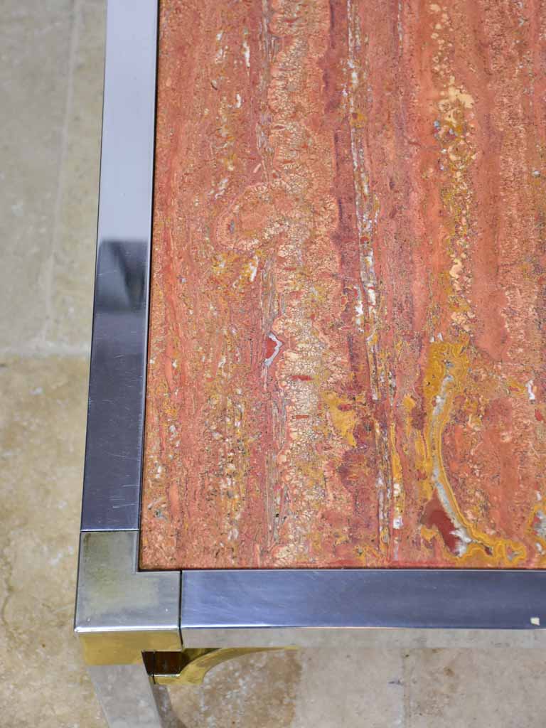 Red travertine Italian coffee table with chrome frame - 1970's/80's 30¼"