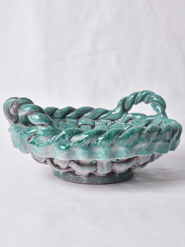 Mottled turquoise ceramic fruit bowl w/ handles - signed Idlas 10¼"
