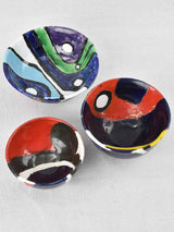 3 colorful terracotta bowls - signed Jacky Coville (1936 - ) 5" - 7"