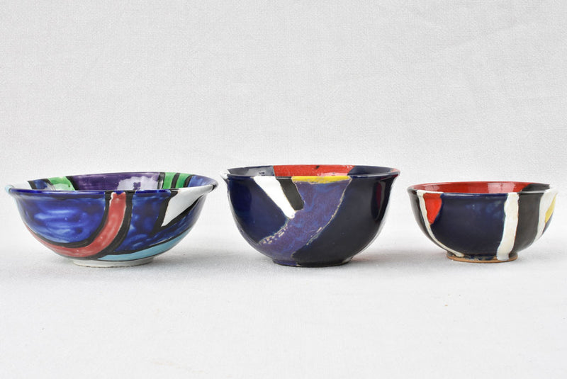 3 colorful terracotta bowls - signed Jacky Coville (1936 - ) 5" - 7"