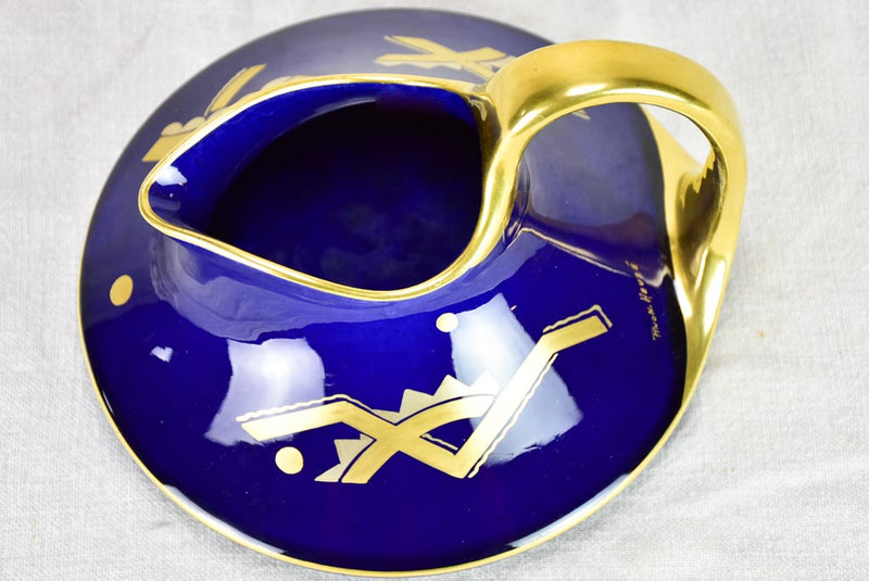 Art Nouveau Pinon Heuze cobalt blue and gold pitcher 9"